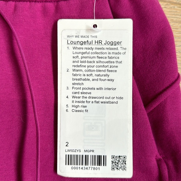 NEW WITH TAGS lululemon HR jogger, plush weight magenta with drawstring. Size 2 - Picture 3 of 4